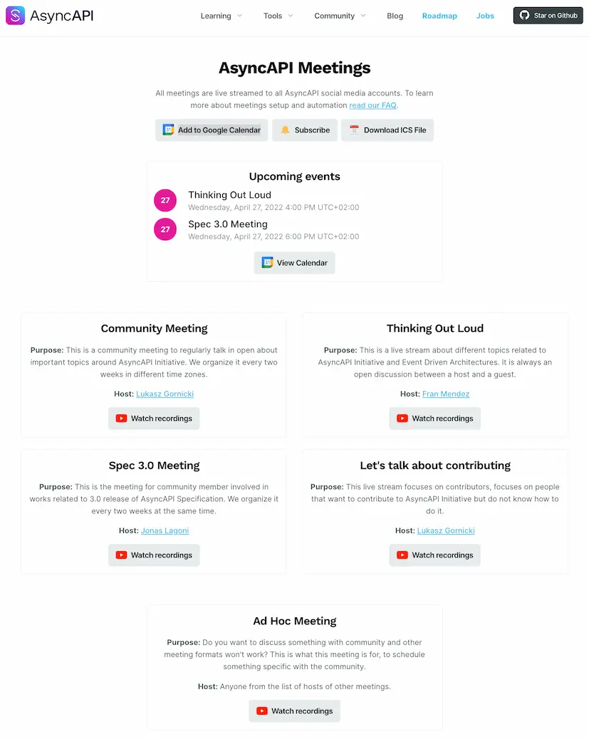 View of dedicated community/meetings page on the AsyncAPI website.